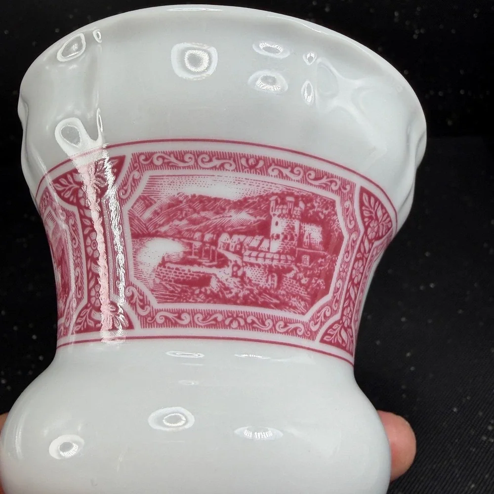 Heinrich Germany Porcelain Vase Pink White Scenic Transferware Castle 4.5Inch